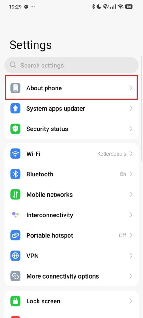 Xiaomi Settings with About phone highlighted