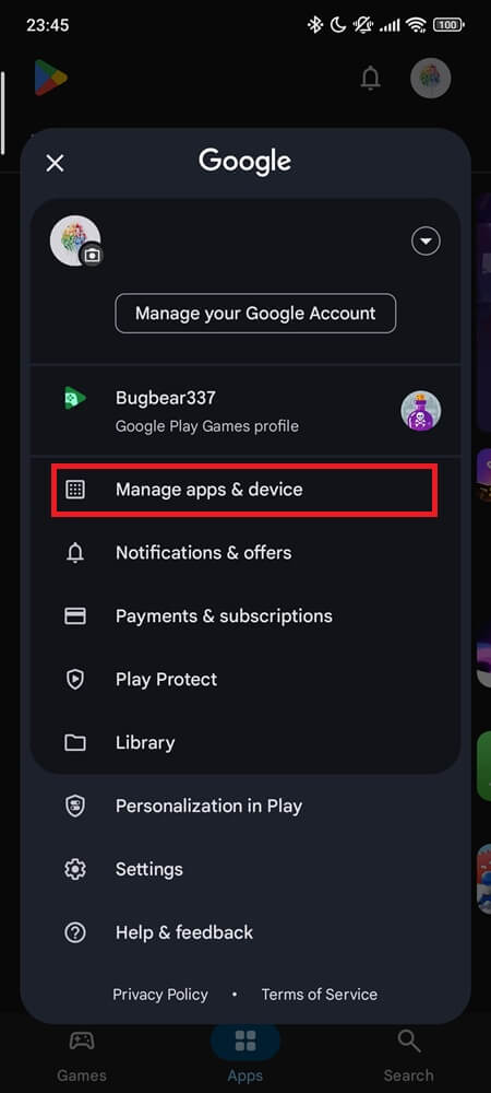 Manage Apps and Device under play store profile 1