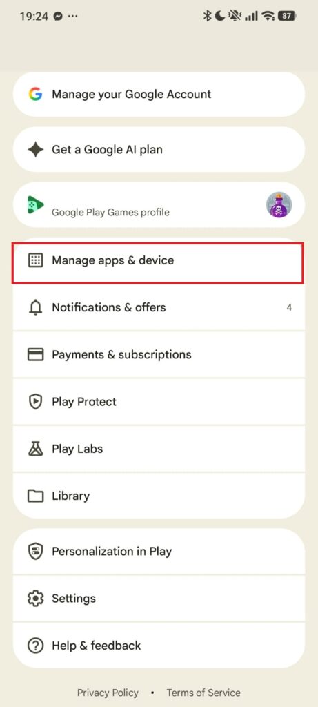 Google Play Store menu with Manage apps and device highlighted
