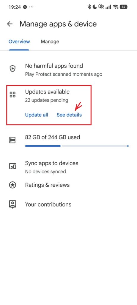 Google Play Manage apps and device screen showing available updates