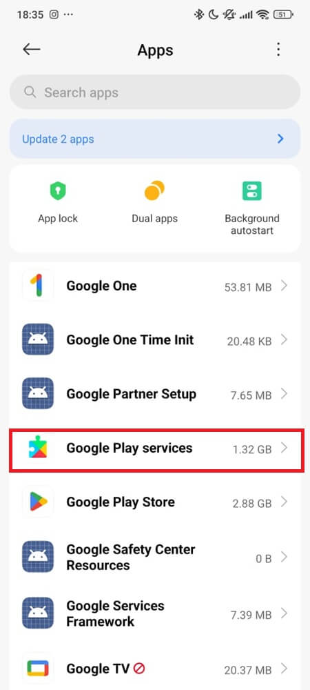 Google play services under manage apps