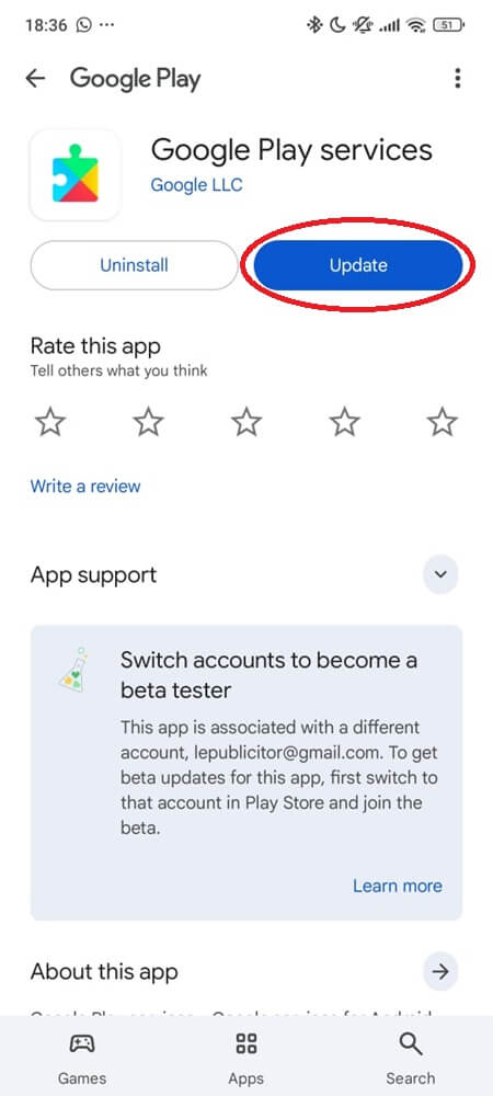 Google Play Servces update button