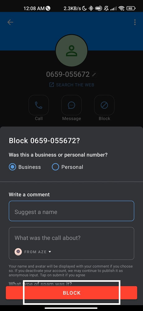 Block spam number using truecaller
