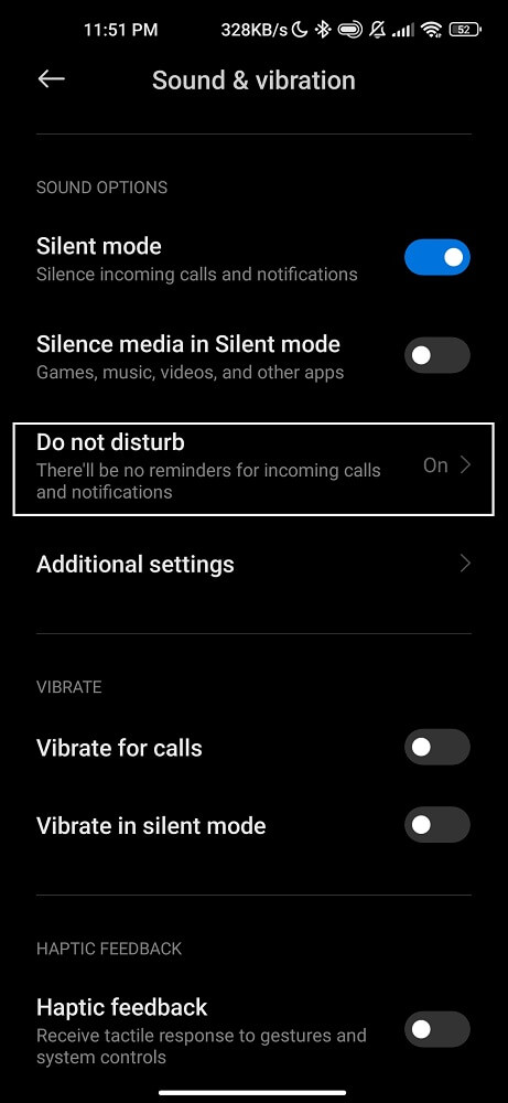 Dot not distrub mode under settings