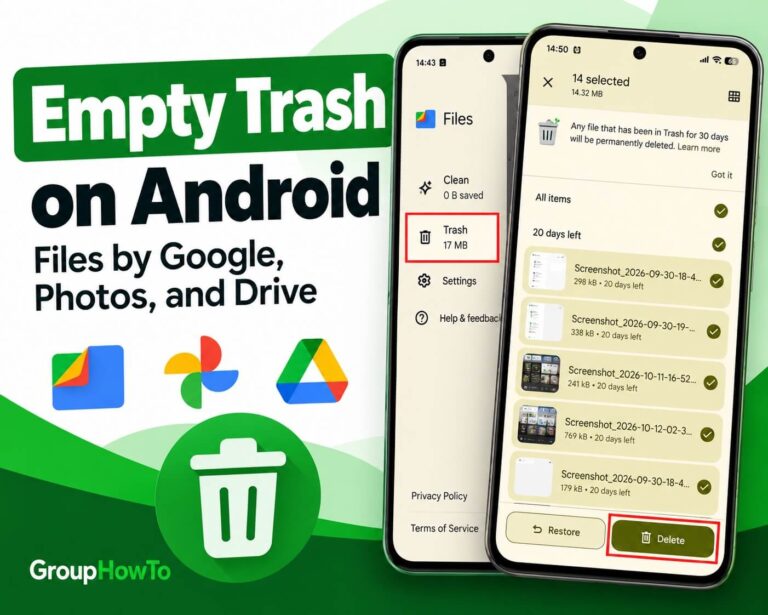 How to empty Trash on Android using Files by Google, Google Photos, and Google Drive, with Trash and Delete options highlighted.