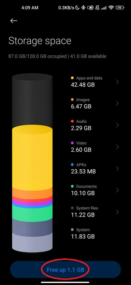 Free Up 1.1 GB to complete Android backup