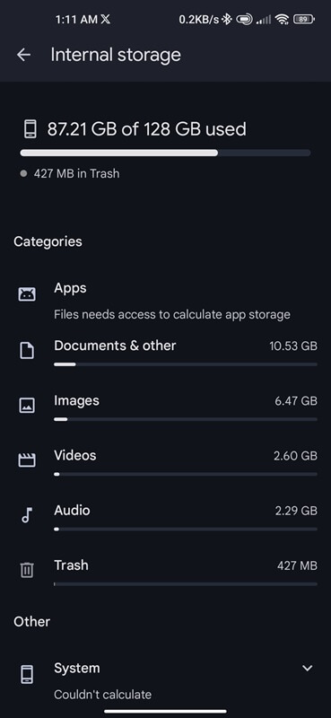 Google file Trash section