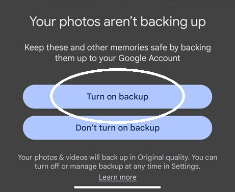 Turn on google photos Backup