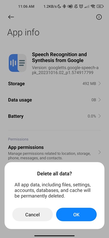 Delete all data to fix com google android tts app
