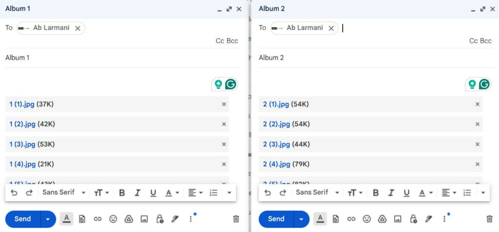 Two email drafts showing split photo albums, labeled 'Album 1' and 'Album 2,' each with attached files and sizes.