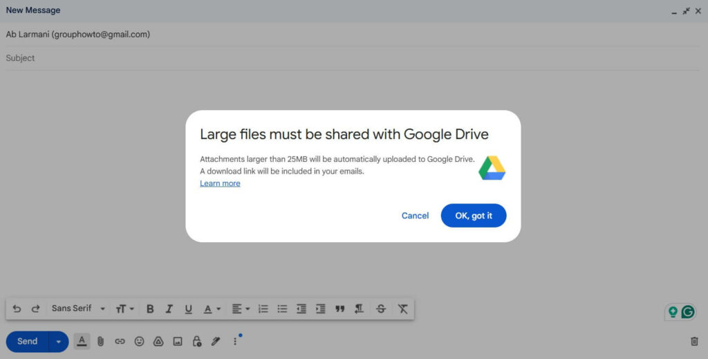 Gmail error showing attachments over 25MB will upload to Google Drive with a link included in the email.