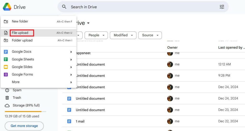 Google Drive menu with the 'File Upload' allowing users to upload files from their computer.