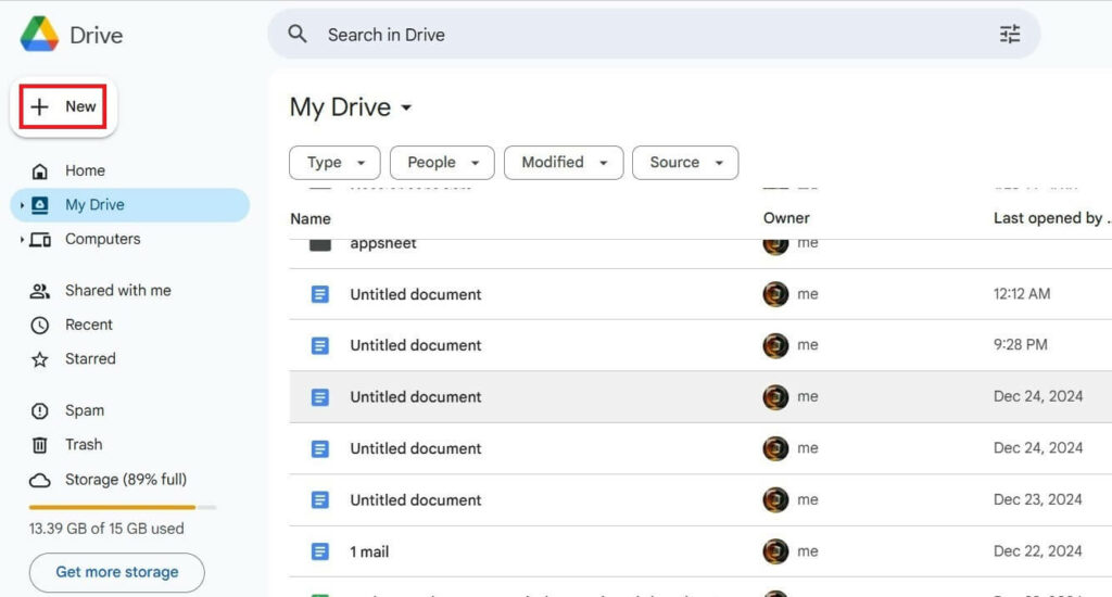 Google Drive interface showing the 'New' button highlighted for accessing upload and creation options.