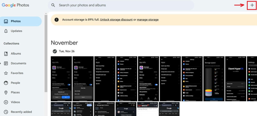 Screenshot of Google Photos with the 'Add Photos' option highlighted for uploading or importing pictures.