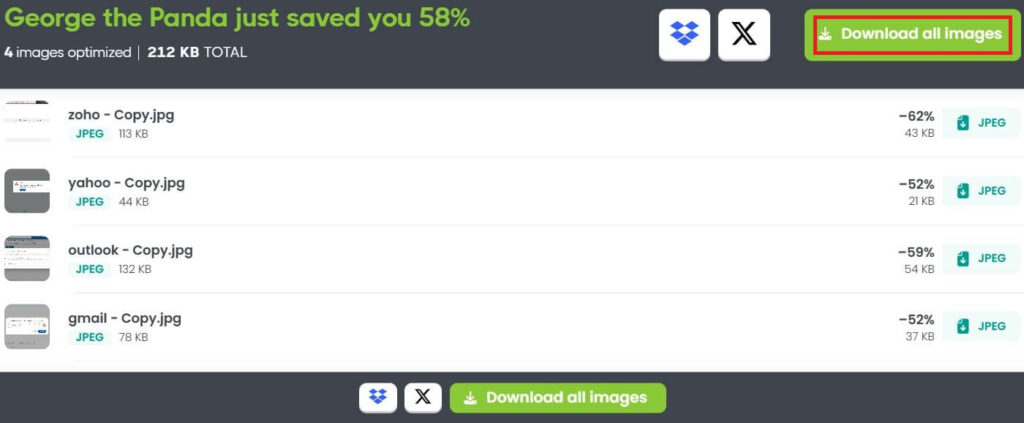 TinyPNG results screen showing multiple compressed images with file size reductions and a 'Download All Images' button.