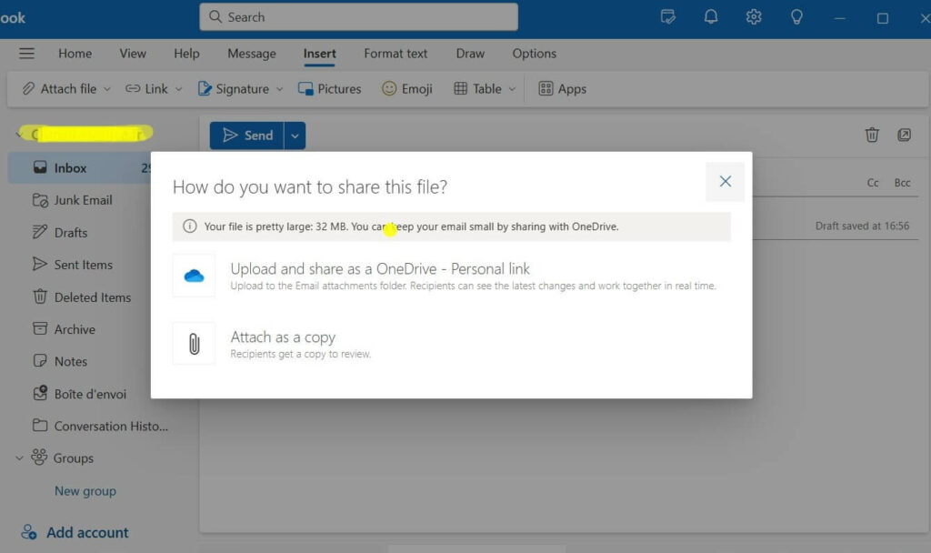 Outlook.com alert stating a file is too large for email, offering to share it via OneDrive instead.