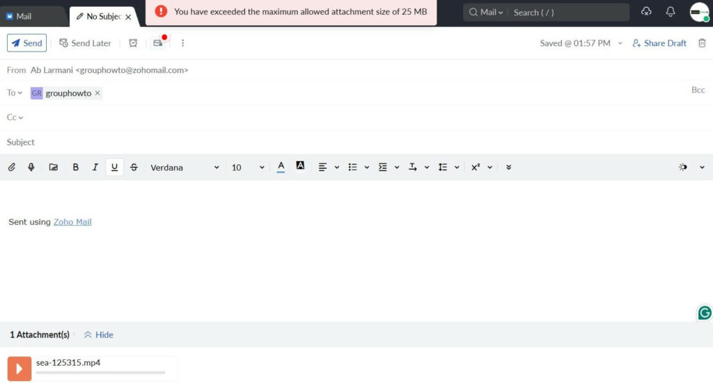 Zoho Mail error showing the maximum allowed attachment size of 25 MB has been exceeded.