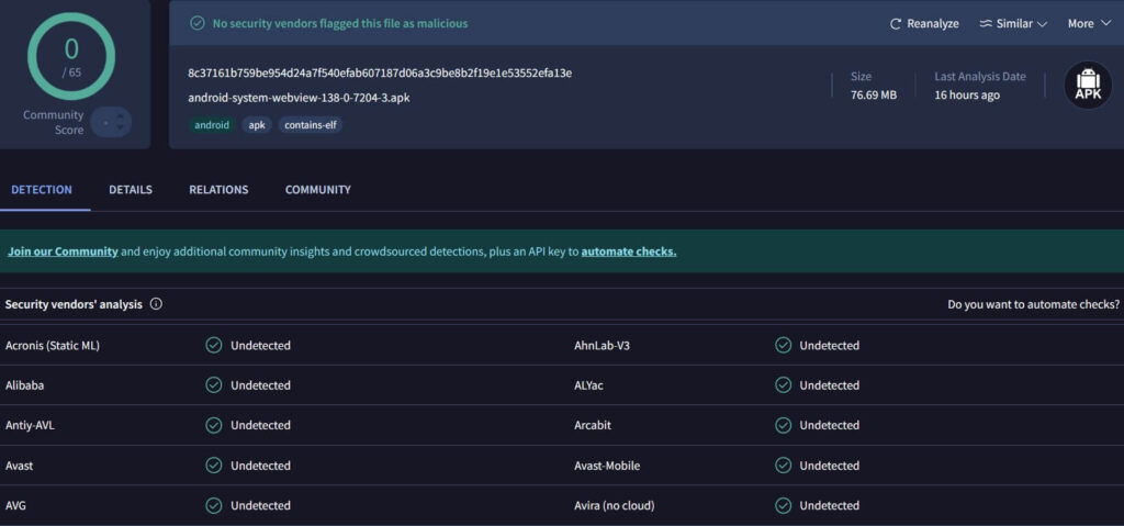 Android system webview score virustotal test Android system webview score virustotal test