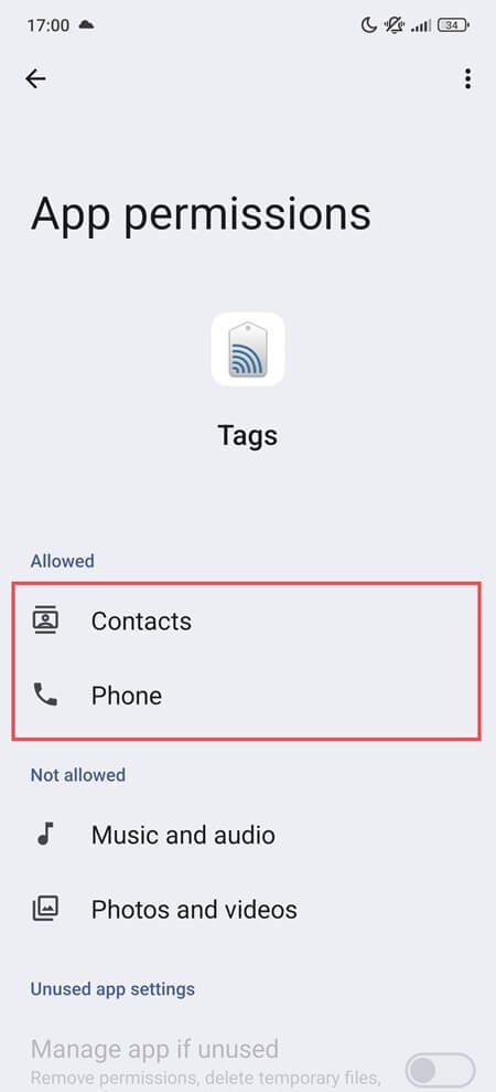 Tags app permission screen showing Contacts and Phone access Tags system app with Contacts and Phone permissions allowed