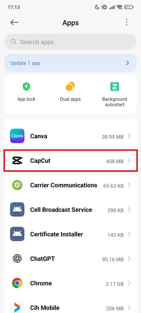 Step 2: Scroll to find CapCut in the list of installed apps Step 2: Scroll to find CapCut in the list of installed apps