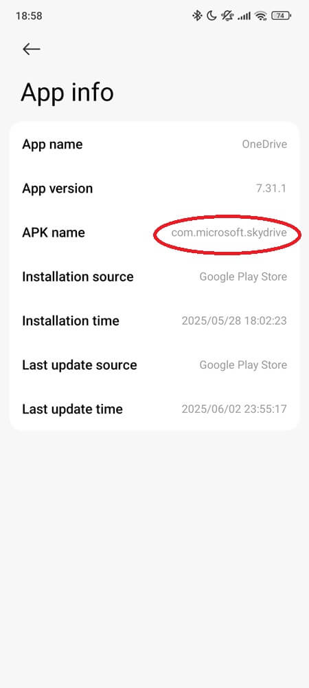 OneDrive shows up with the package name com.microsoft.skydrive under App info OneDrive shows up with the package name com.microsoft.skydrive under App info