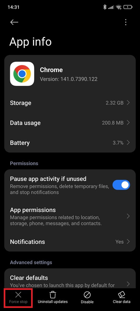 Chrome under app info show force stop button Chrome under app info show force stop button