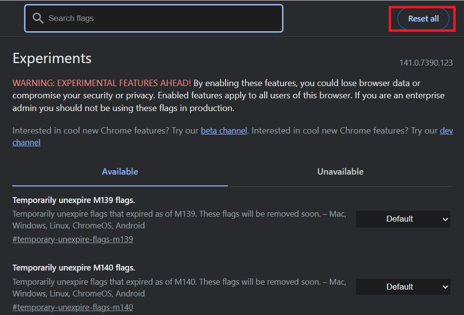 Reset Chrome experiments Reset Chrome experiments