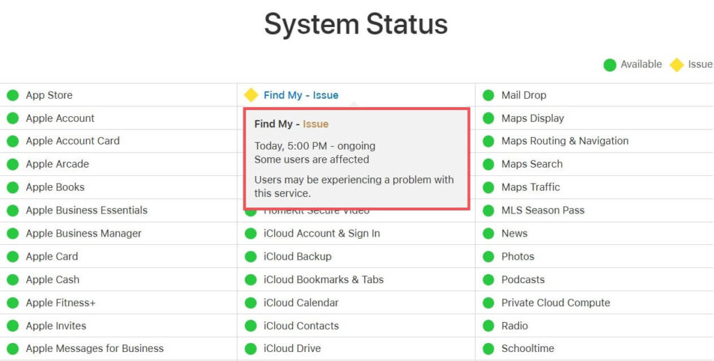 Apple’s System Status page showing an ongoing Find My service issue Apple’s System Status page showing an ongoing Find My service issue