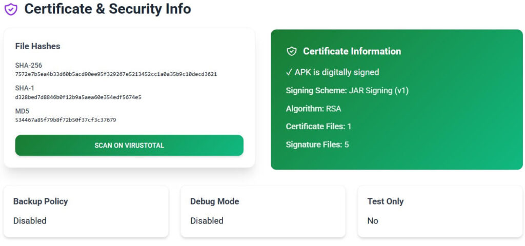 Certificate and signature verification showing JAR v1 RSA signing and Samsung release hashes