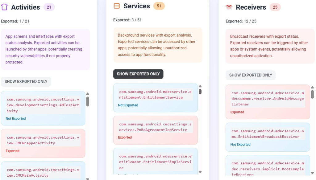 Exported components overview listing activities, services, and receivers detected in MDECService