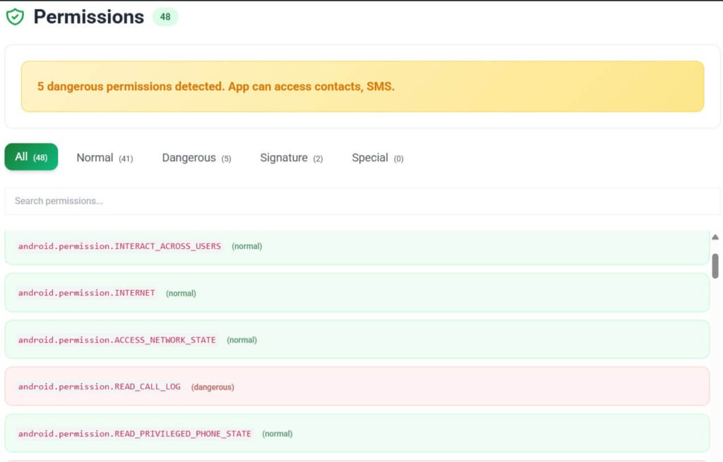Permission scan showing 48 total with five dangerous permissions related to calls and SMS