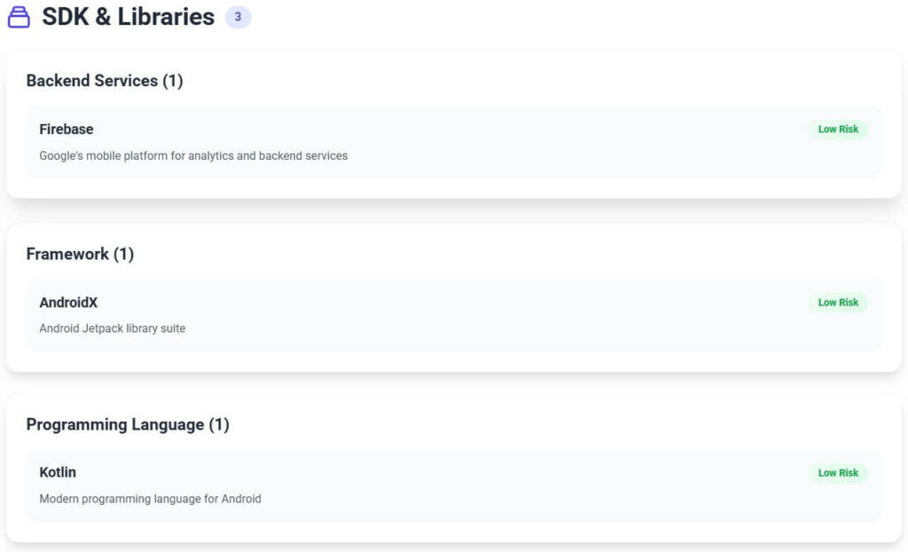 SDK and library analysis showing Firebase, AndroidX, and Kotlin components marked low risk