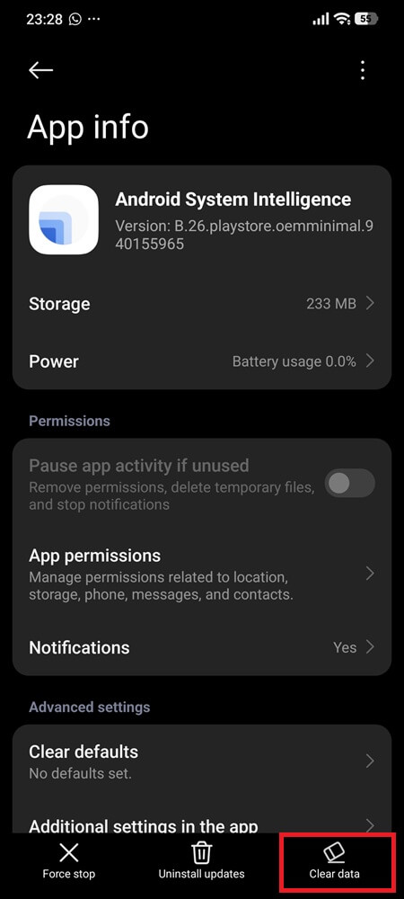 Clear the Android System Intelligence Cache 2