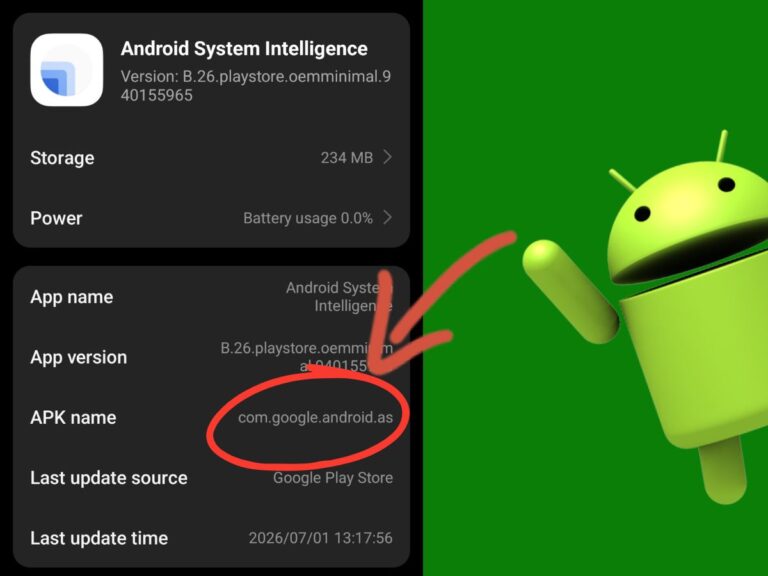 Android System Intelligence app information showing the com.google.android.as package name