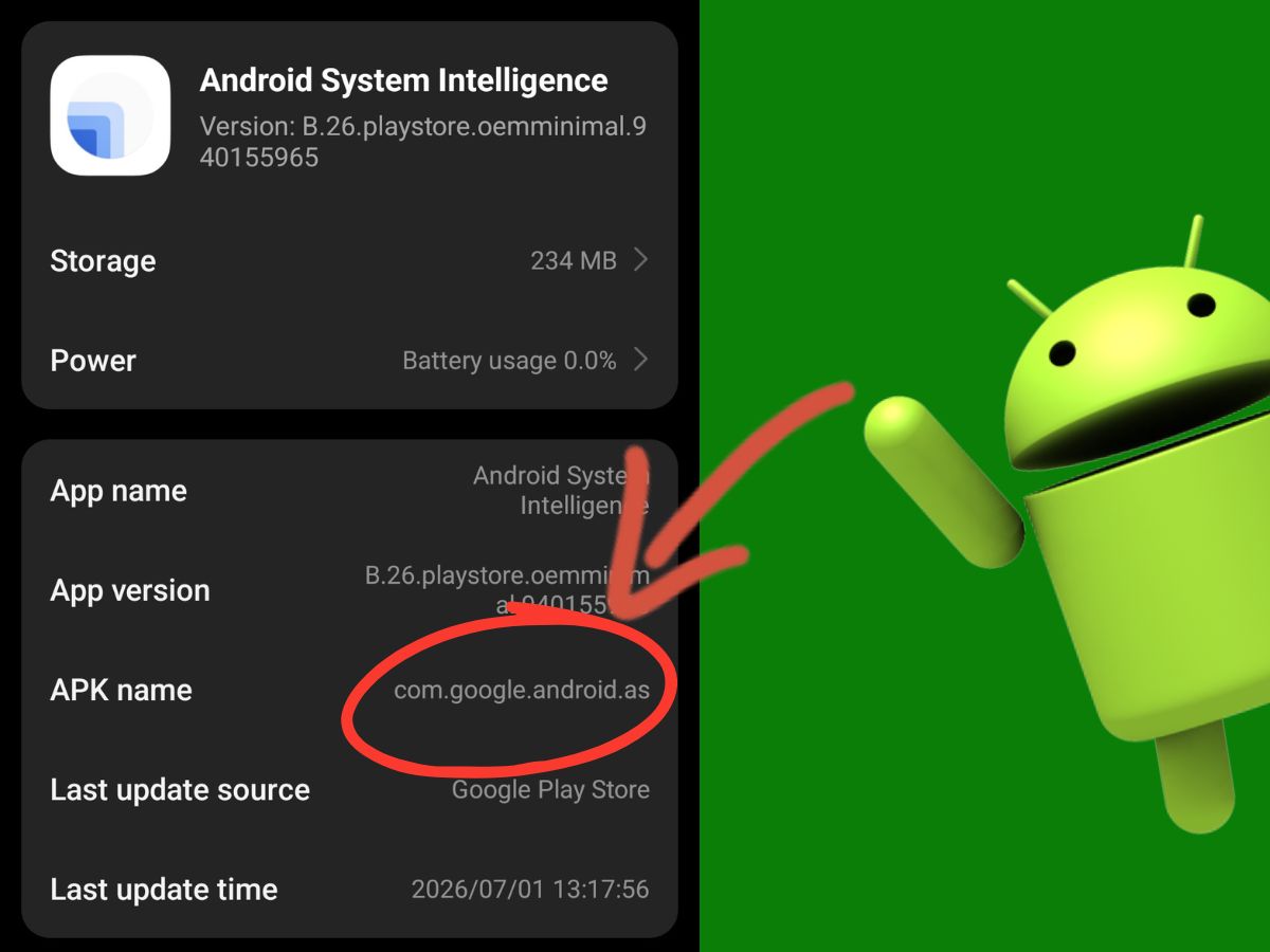 Android System Intelligence app information showing the com.google.android.as package name