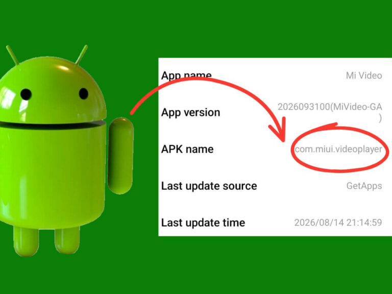 Android mascot beside Xiaomi Mi Video app information showing the com.miui.videoplayer package name