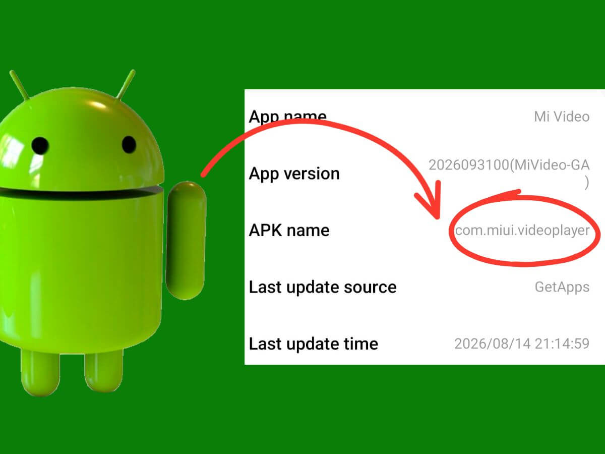 Android mascot beside Xiaomi Mi Video app information showing the com.miui.videoplayer package name