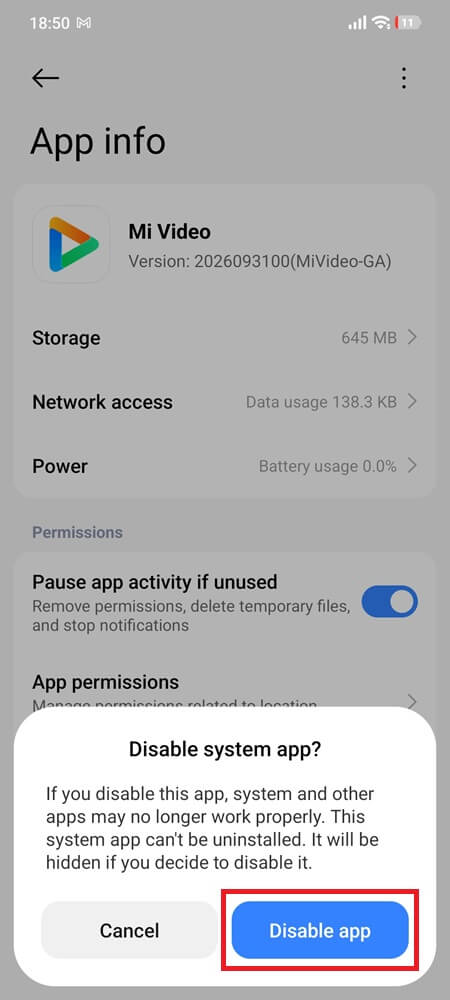 Xiaomi confirmation dialog for disabling the Mi Video system app Mi Video Disable Confirmation