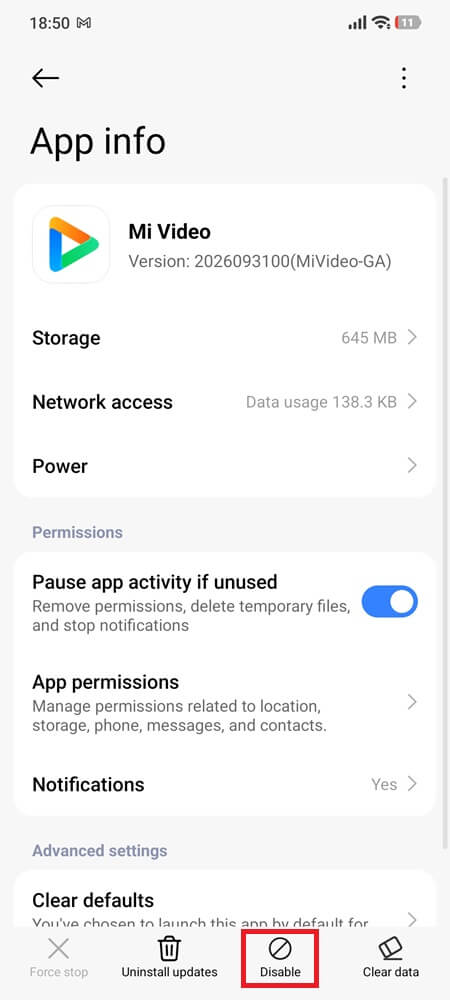 Xiaomi Mi Video app information screen showing network access, power usage and the Disable button Mi Video App Info and Disable Option