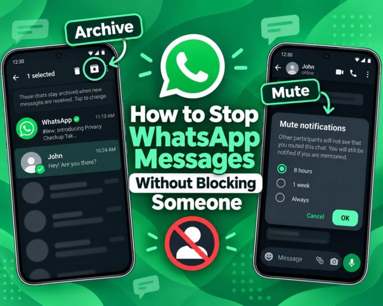 WhatsApp Archive and Mute notification settings showing how to hide conversations and silence messages without blocking someone